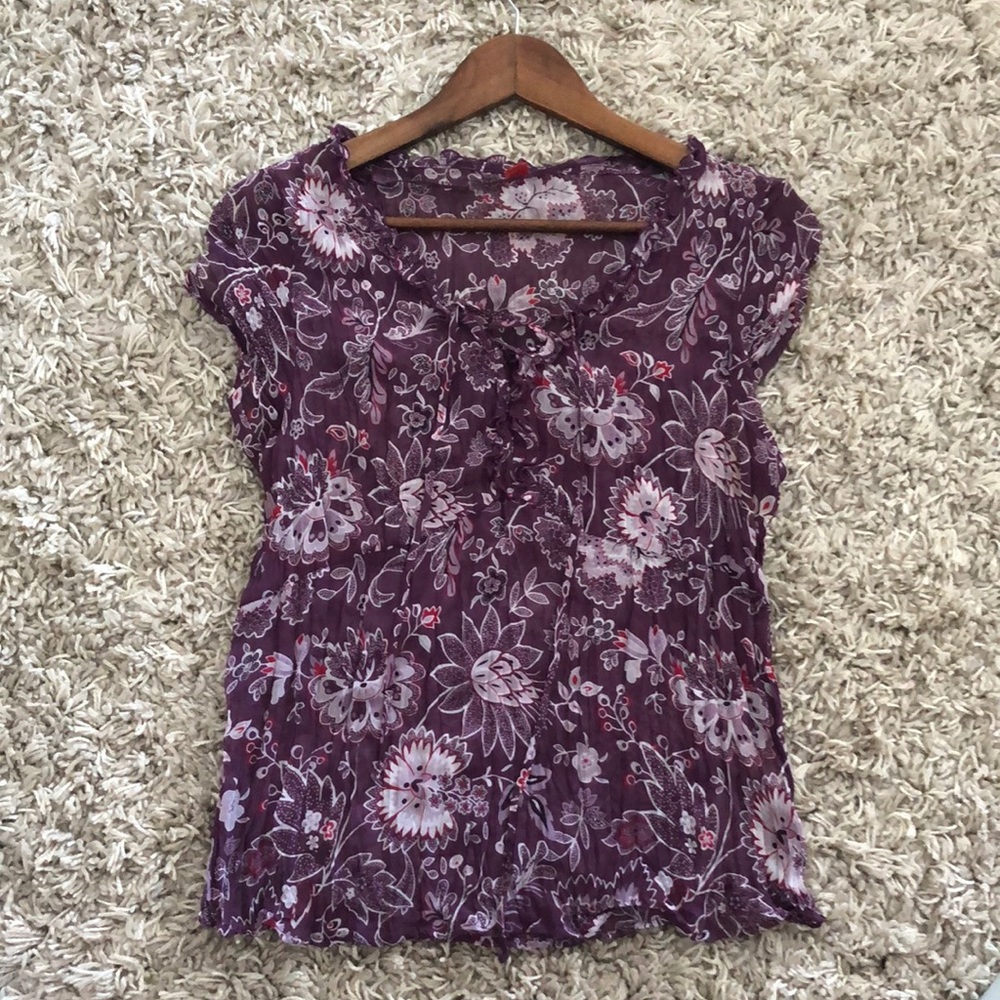 Purple/ white/ red patterned short sleeve blouse sOliver, Eur40/US10,ruffle&&tie